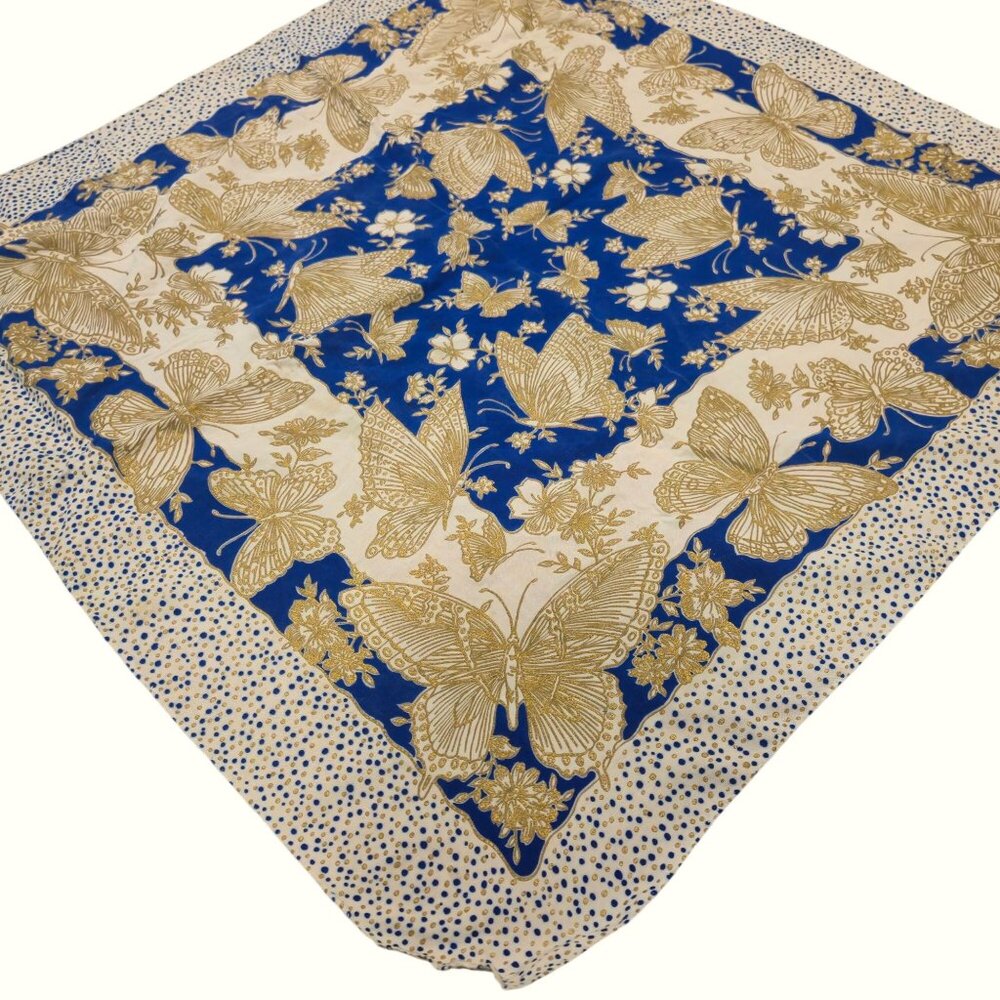 Vintage Butterfly Scarf Blue Gold Boho Headscarf Square Kerchief Wrap Bandana - Picture 2 of 13
